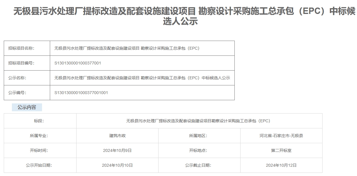 限價1.06億！河北無極污水處理廠提標改造及配套設施建設項目EPC開標